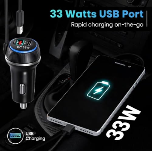 Image of Fast Charging Car Charger with Cable | USB Car Charger Adapter with Coiled Cable for Smartphones, GPS & Accessories | Safe, Durable & Compact Car Charging Solution