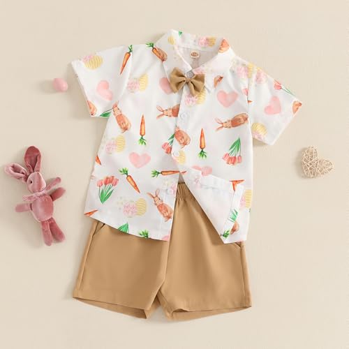 Image of Owl's-Yard Baby Boy Easter Outfits Rabbit Carrot Short Sleeve Button Down Shirts and Solid Color Shorts 2 Pcs Summer Set