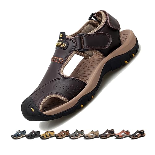 Men's Sport Outdoor Hiking Sandals, Leather Closed Toe Athletic Sport Casual Beach Water Sandals,Lightweight Comfortable Waterproof