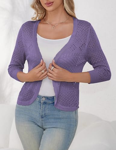 Image of REDHOTYPE Women's 3 /4 Sleeve Cardigan Open Front Cropped Shrugs Summer Hollowed Lightweight Cardigans Sweater (S-XL)