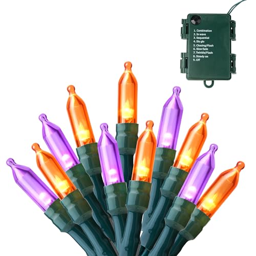 Joiedomi LED Christmas Lights Outdoor,32.6FT Battery Operated Christmas Light with 8 Modes,2×50 Orange&Purple Xmas Tree Lights Indoor,Multifunction Green Wire String Lights for Christmas Decor Party