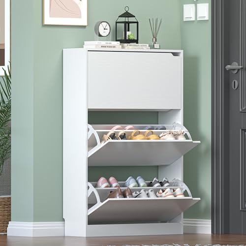 Image of Shoe Storage Cabinet for Entryway, White Shoe Cabinet with 3 Flip Drawers, Hidden Shoes Rack Freestanding Storage Organizer for Entryway,Closet, Living Room,Hallway 47.24 inchH x 31.50 inchW x 9.44 inchD
