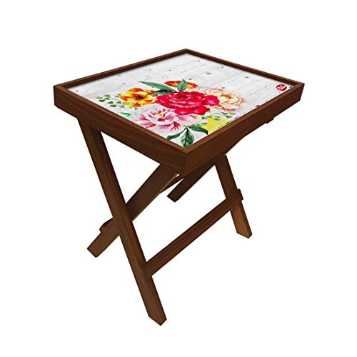 Image of Nutcase Designer Teak Wood Side Table Folding Wooden Bedside Coffee Outdoor Picnic Table - Vintage Wood Florals