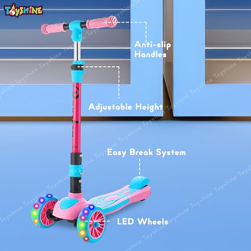 Image of Toyshine 3 Wheel Rooster LED Wheels Runner Scooter with Anti Slip ABS Base Aluminium Structure Height Adjustable Handlebar Max Load 45kg for Kids Boys Girls - Pink