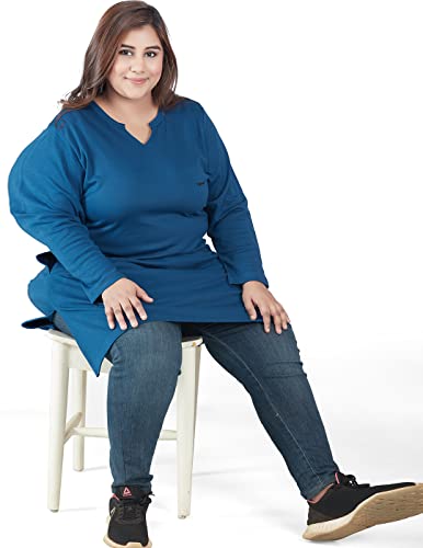 Image of CUPID Women's Cotton Plus Size Plain Full Sleeves Long Top for Summer n Semi Summers with One Side Pocket for Ladies Solid T Shirt