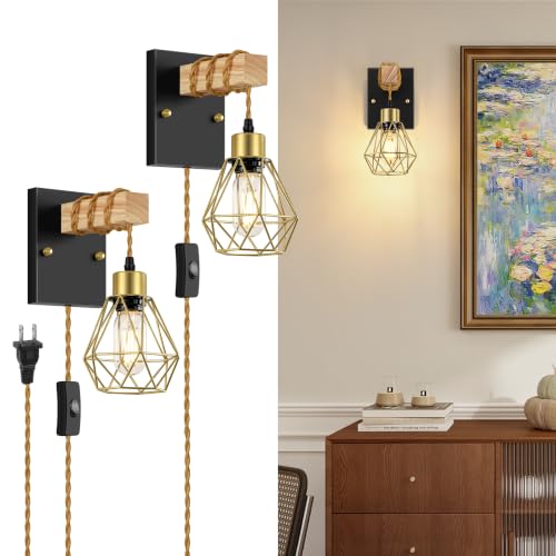 Image of Lomoky Rustic Plug in Wall Sconces Set of 2, Black Wall Lamps with Plug in Cord, Vintage Wall Light Fixtures with On /Off Switch and Gold Metal Cage for Living Room, Bedroom, Bedside