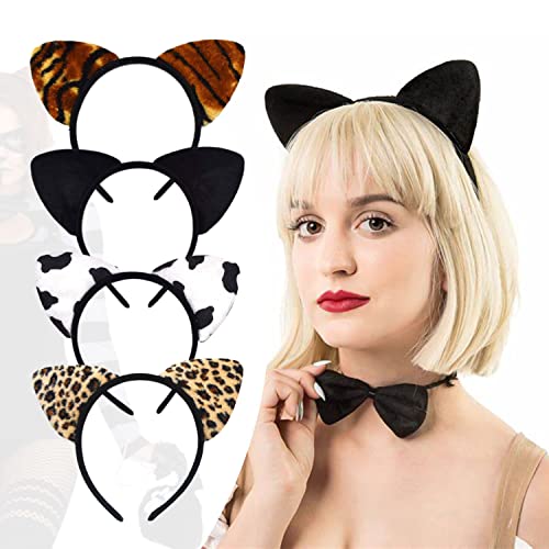 VIKSAUN 4 Pcs Soft Fabric Headband Set, Alice Cat Ears, Leopard Print, Cow, Tiger Stripes Hair Hoops for Cosplay Anime - Image 4