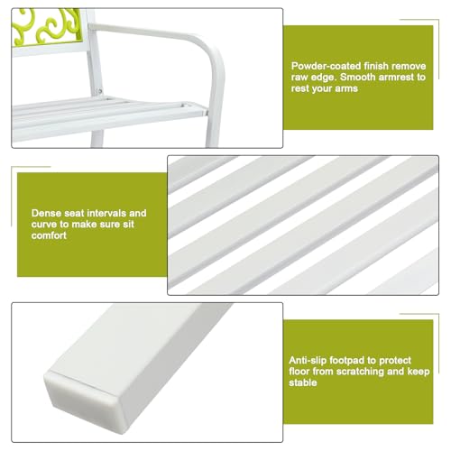 Image of VINGLI Outdoor Bench for Patio Metal Garden Bench w /PVC Back Pattern, Black Park Benches Front Porch Benches for Yard Lawn Decor Deck Entryway (White&Green)