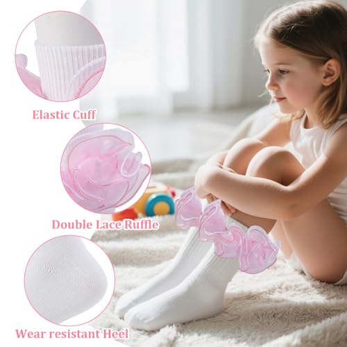 Girls Ruffle Socks Toddler,4-Layer Big Fluffy Lace Frilly Ankle Socks,Soft Cotton Turn Cuff Dress Sock for Little Girls2
