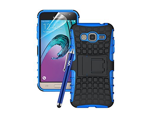 VAK® Samsung Galaxy J3 Heavy Duty Armour Tough ShockProof Builder Hard Back Case Cover Pouch With Stand For Samsung Galaxy J3 (2016) + FREE Screen Protector & Cloth + Touch Stylus (Blue)