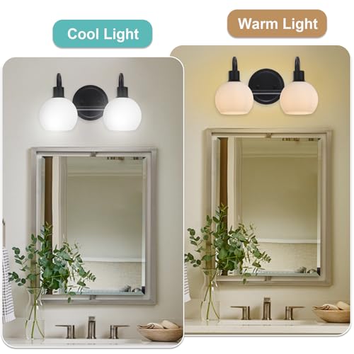 Image of 2-Light Black Bathroom Light Fixture, Milk White Globe Wall Sconce Lamp for Hallway Bedroom Foyer Cabinets, Modern Vanity Lights E26 Socket