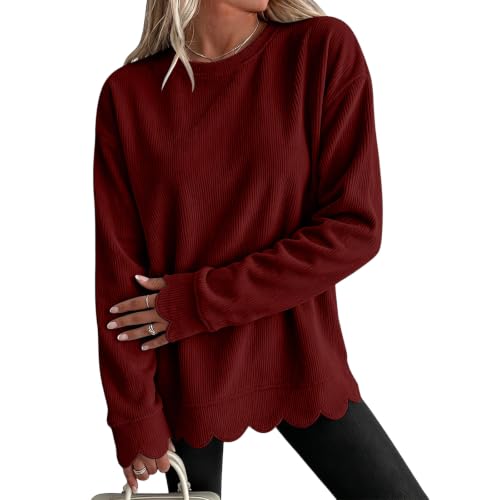 Womens Crew Necks Sweatshirts Fall Corduroy Long Sleeve Scalloped Tops - image 1