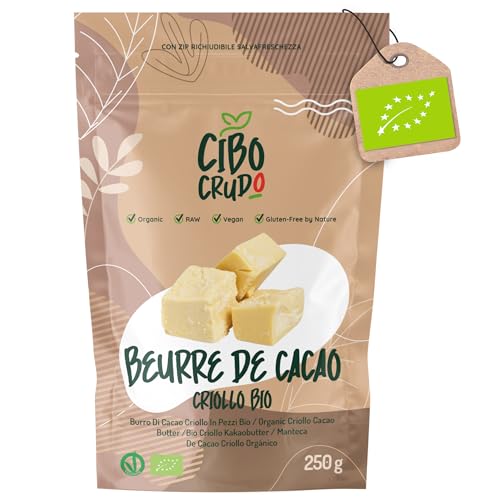 Beurre de Cacao Bio Alimentaire non Raffiné - 250g. Beurre de Cacao pour Patisserie ou Cosmetique Naturel Pur et Cru. Beurre Végétal Biologique.