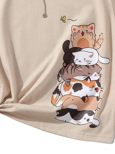 Image of RoseSeek Girl's Summer Tee Tops Cartoon Print Short Sleeve Round Neck Casual Cute T Shirt for Girls Apricot Graphic 10Y