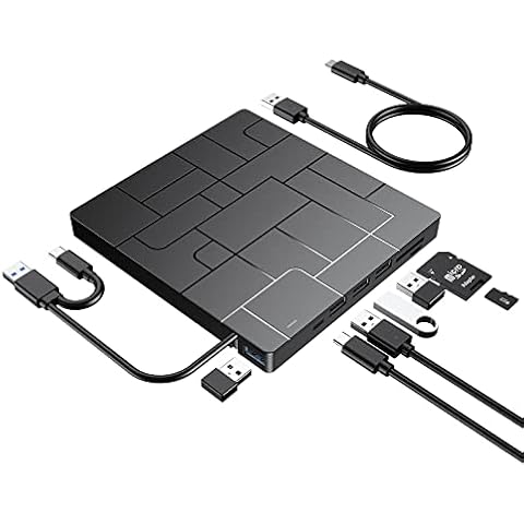 Criacr External DVD Drive, USB 3.0 CD DVD Burner for Laptop with 4 USB Ports & 2 SD Card Slots & 1 Type-C Ports, CD/DVD ROM +/-RW Optical Disk Drive for Mac, PC Windows 11/10/8/7 Linux OS Cover