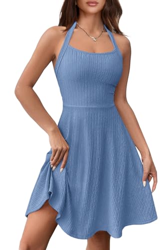 Image of MITIYYL Women Summer Formal Wedding Guest Dress Elegant Halter Neck Bodycon Backless A Line Short Party Dress Medium Haze Blue