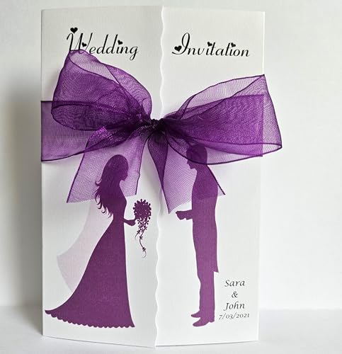 50 Personalised Silouette Handmade Gatefold Wedding Invitations- Lots of ribbon/design colours available.