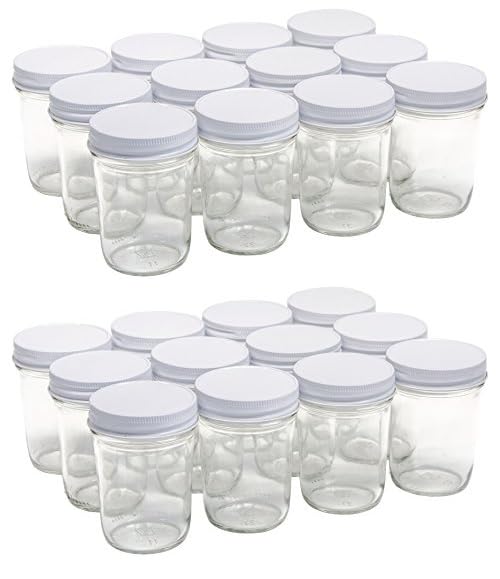 North Mountain Supply 8 Ounce Glass Regular Mouth Tapered Mason Canning Jars - with Flat Top Lids - Case of 24 (White Metal Lids)