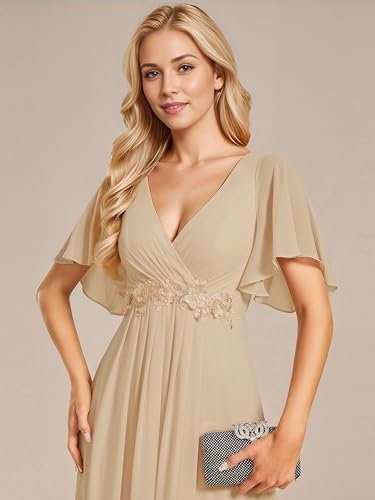 Image of Ever-Pretty Women's Spring Short Sleeve Bridesmaid Dresses V-Neck Chiffon Ruched Empire Waist Appliques Long Formal Dress