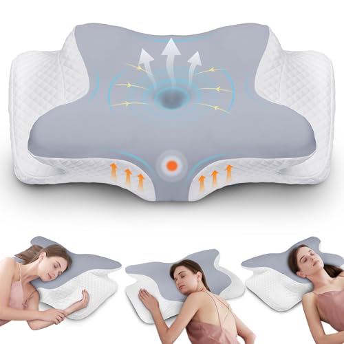 botatio Cuscino Cervicale Memory Foam Ergonomico, Cuscino Ortopedico Progettato per Dormitori Laterali, Supini e Proni, Federa Sfoderabile e Lavabile, 62x41x13/11 cm, Bianco-Grigiastro