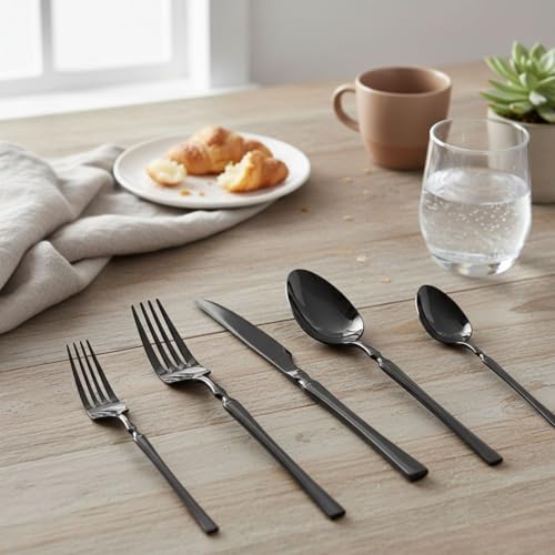 Image of Elegant Handle Black 5 Pcs Heavy Duty Stainless Steel Cutlery Set for Dining Table (1 pcs Spoon Set+1 pcs Forks Set+1 pcs Butter Knife+1 pcs Dessert Spoon+ 1 Pcs Fuit Fork for Kitchen)