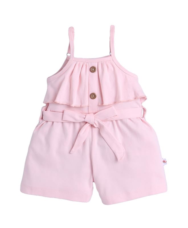 Image of BUMZEE Baby Girls Regular Fit Sleeveless Square Neck Cotton Above Knee Jumpsuit With Belt