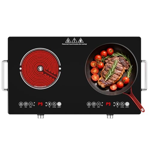 Image of 2400W Electric Cooktop: 24 inch Electric Stove 2 Burner Hot Plate Double Burner, Knob Control Countertop & Built-in, 9 Power Levels, Child Lock, Timer, Suitable for All Pans