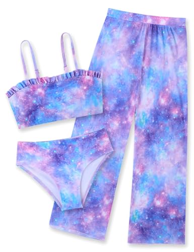 Image of Vogseek 6-16T Girls 3 Pieces Bikini Bathing Suit with Rash Guard Pants Quick Dry Swimwear Cover-Up Sets