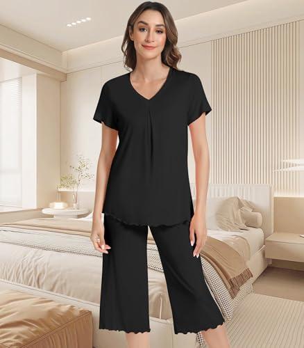 Image of NACHILA Women's Pajama Sets Cooling Bamboo Viscose V-Neck Top & Capri Pants | Lightweight, Breathable, Moisture-Wicking, Buttery Soft, Ideal for Hot Sleepers, Night Sweats and Hot Flashes, Sleep & Lounge