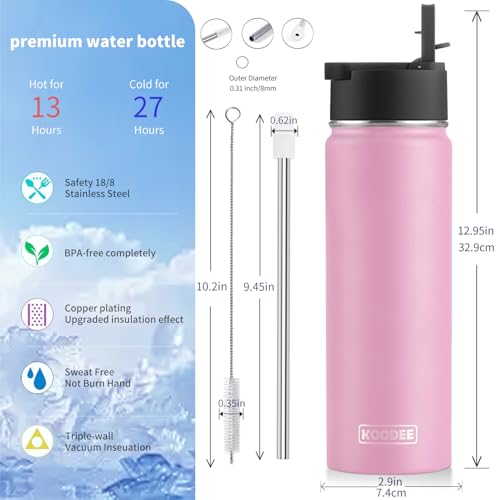 Image of koodee 26 oz Water Bottle with Straw Stainless Steel Vacuum Insulated Wide Mouth Sports Water Bottle, Girls Water Flask for School BPA Free-Pink
