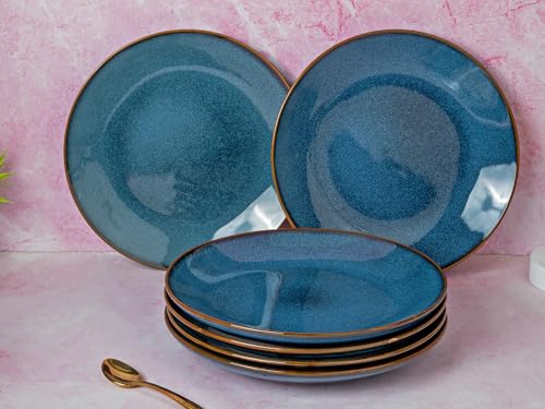 Image of Handcrafted Reactive Glaze Ceramic Dinner Plates, 6 Pieces Serving for 6, Microwave and Dishwasher Safe, Bone-ash Free, Full Plate Set Crockery for Dining and Gifting, Greenish Blue