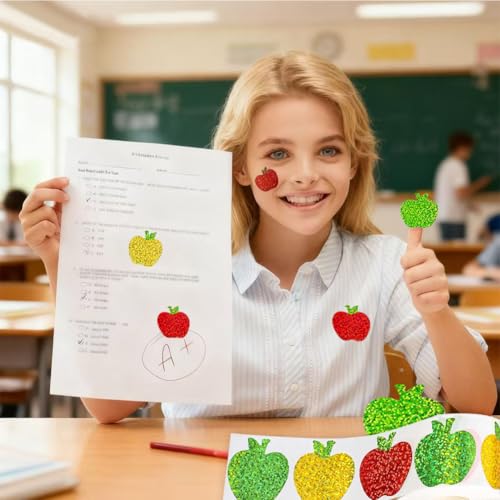 Image of 500Pcs Back to School Apples Stickers Roll 3 Colors Laser Apples Sparkly 1.5in Waterproof Decals Self-Adhesive Stickers for Envelope Scrapbook Decor First Day of School Party Supplies
