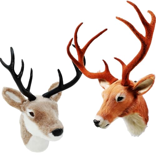 Image of Arrowbash 2 Pack 13" the Elk Plush Stuffed Animal Wall Mount Plush Stuffed Animal Taxidermy Head for Christmas Home Wall Decoration Adult(Deer Head)