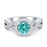 OMRANII 14K White Gold Size-8 Paraiba Tourmaline CZ Round Shaped Halo Split Shank Twisted Infinity Accent Wedding Engagement Ring