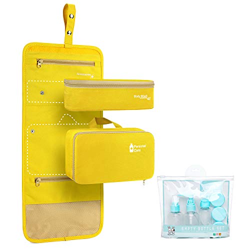 Hanging Toiletry Bag for Women Travel Kit Waterproof Detachable Makeup Organizer Cosmetic Bag Travel Case with Empty Bottle Set (Yellow)