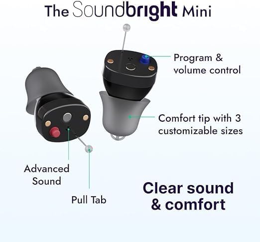 Image of Soundbright Mini | Premium Rechargeable Hearing Aid | Nearly Invisible with 3 Noise Cancelling Program (Mini Hearing Aid), Black Color