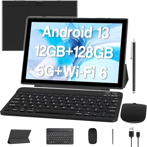 Android 13 Tablet 10 Inch, 12GB RAM+128GB ROM/1TB Expandable Tablet, 2 in 1 Tablets with Keyboard Case Mouse Stylus, 2.0GHz Quad-core CPU, 1280*800 IPS HD Screen, 5G WiFi6 BT 5.0, 8MP Camera Tablet PC Cover