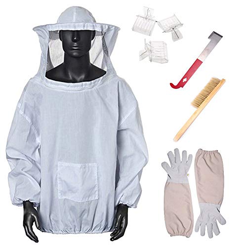ChYoung 7 Pcs Bee Keeper Equipment Beekeeper Tools Set, Beekeeping Veil Jacket/Gloves/Bee Hive Brush/Beehive Scraper/Queen Bee Catcher