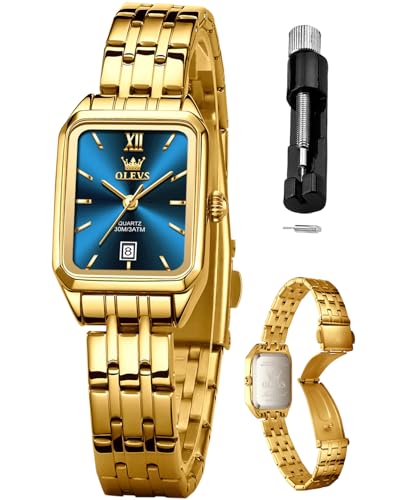 Image of OLEVS Watches for Women Gold Dress Analog Quartz Square Female Watch Stainless Steel Waterproof Calender Stylish Watch for Ladies