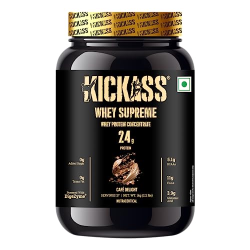Kickass Whey Supreme 100% Whey Protein Concentrate with Added Digestive Enzymes and Immunity Boosters, Aiding in Muscle Repair and Growth | Cafe Delight Flavour 1kg Kickass Whey Supreme 100% Whey Protein Concentrate with Added Digestive Enzymes and Immunity Boosters, Aiding in Muscle Repair and Growth | Cafe Delight Flavour 1kg