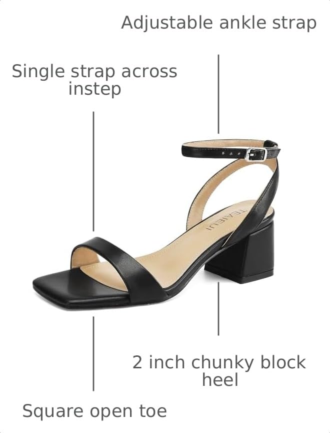 Image of TEAIEUI Block Heels for Women, Square Open Toe Heeled Sandals, Chunky Ankle Strap Shoes for Dress, Party, Prom, Low Heel 2 inch
