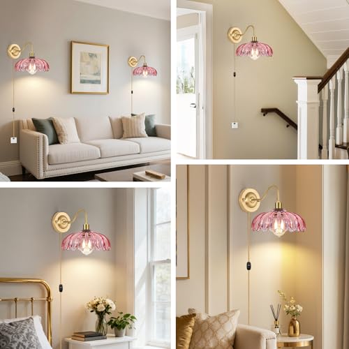 Image of ZECOXOL Vintage Plug in Wall Sconces Set of Two, Glass Wall Sconces Lamps with Flower Lampshade & Dimmable Plug in Cord, Dimmable Sconces Wall Decor Set of 2 Plug in Wall Lights Sconces for Bedroom