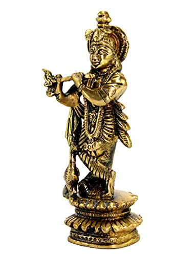 Image of ESPLANADE - Brass Kishan Krishna with Peacock Murti Idol Statue Sculpture - 5 inch inches for Pooja Mandir or Home Decor