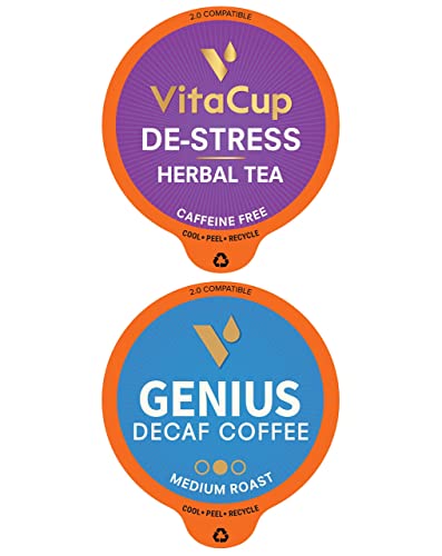 Vitacup Destress Tea & Genius Decaf Coffee Pod 32Ct. Bundle Vitamin Infused Recyclable Single Serve Pods Compatible With K-Cup Brewers Including Keurig 2.0 #TOP24