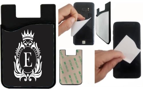 Island Gifting - Letter E Monogram - Fancy Crown on Black Design - Stick-on ID Card Holder for iPhone/Galaxy/Google Android Cases