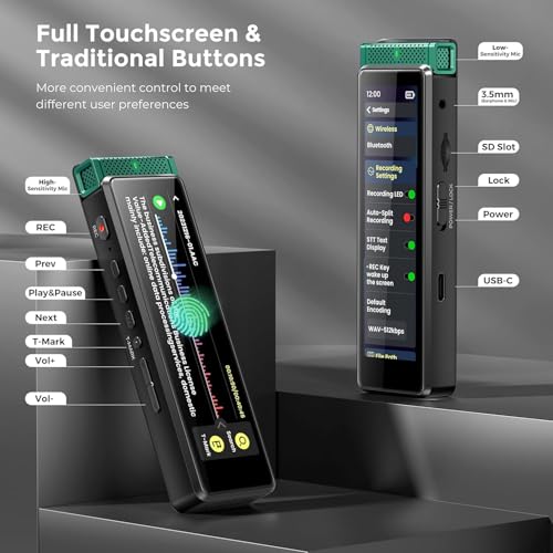 Image of 8GB Digital Voice Recorder with Playback, Innioasis R1 Full Touchscreen Voice Recorder with Bluetooth, Voice Activated Sound Audio Recorder Device with Mic Green