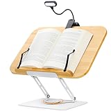 Book Stand for Reading Book Holder Hands Free with Book Light, Adjustable Book Holder with 360° Rotating Base & Page Clips, Foldable Desktop Stand for Textbook, Cookbook, Laptop, Sheet Music