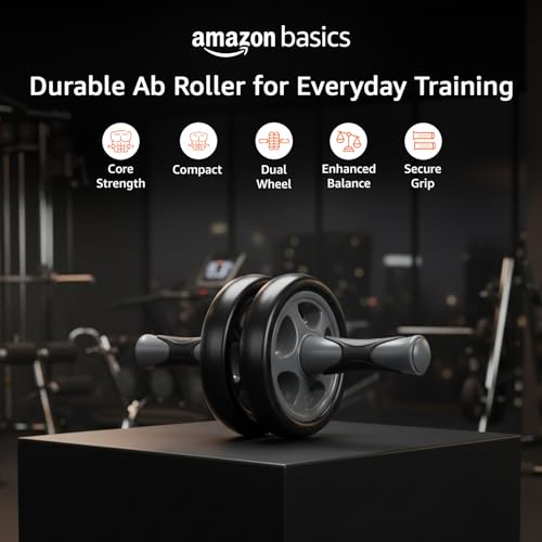 Image of Amazon Basics Dual Wheel Ab Roller with Knee Pad & Non-Slip Handles | for Core Strengthening | Compact & Portable | for Men and Women | Black