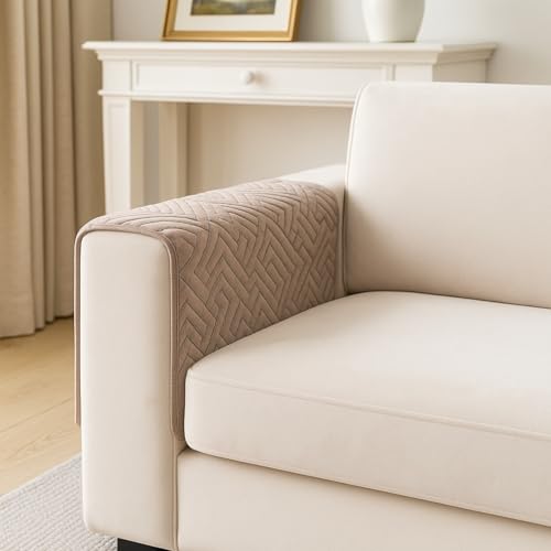 Image of HOMETHREADS Innovative Premium Velvet Sofa Cover Mat with PVC Backing for Non-Slip Comfort | (Brown Vrsh, 2Pc Armrest Mat | 70x50cm)
