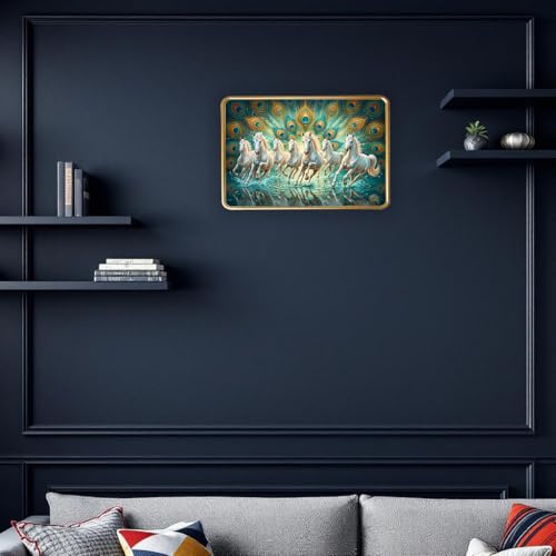 Image of Dharvika Innovations Vastu 7 Seven Running Horse Photo Frame, Golden Slim Frame, Sparkle Coated Lamination, 30x45 cm (Design 19)